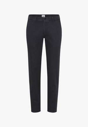 Zwarte denimbroek met een rechte pasvorm, voorzien van een knoop- en ritssluiting, riemlussen en twee voorzakken met een gladde textuur.