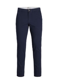 Tmavě modré bavlněné kalhoty s úzkým střihem, s předním zapínáním na knoflíky a poutky na opasek. Hladká textura bez viditelných vzorů.