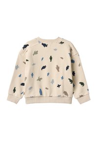 Sweatshirt beige avec des formes abstraites colorées en bleu, vert et marron. Poignets et ourlet côtelés ; encolure ronde ; matériau doux en mélange de coton.
