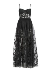 Schwarz ärmelloses Kleid mit transparenter floralem Spitze, tailliertem Oberteil und fließendem, knöchellangem Rock.