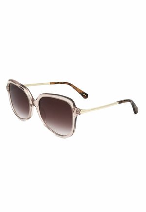 Occhiali da sole quadrati trasparenti rosa chiaro con lenti sfumate scure e aste dorate che terminano con punte tartarugate.