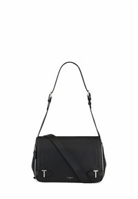 Schwarze Leder-Umhängetasche mit verstellbarem Riemen, mit strukturierter Oberfläche, silbernen Hardware-Elementen und einem Reißverschlussverschluss.