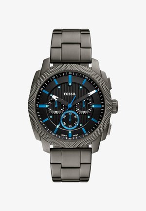 Fossil watch with a black textured dial and blue accents, featuring a stainless steel strap and three sub-dials for stopwatch functionality.