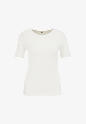 Bela kratka majica s kratkimi rokavi in krožnim izrezom, izdelana iz gladkega blaga, z ozkim krojem in preprostim dizajnom. Brez vzorcev ali okrasnih elementov.