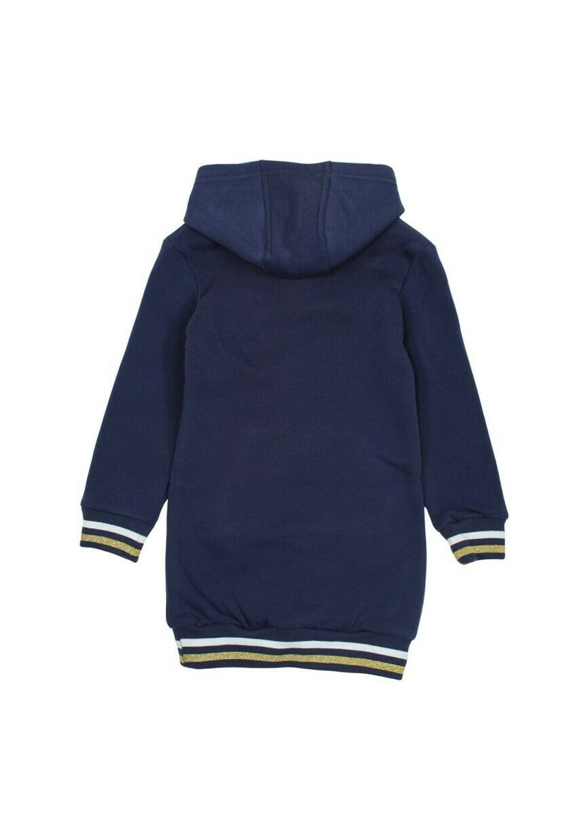 Sweatshirt à capuche bleu marine avec des manches longues, présentant des bords côtelés rayés en or, blanc et bleu. Texture de tissu douce.