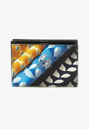 Portafoglio in pelle pieghevole con motivi astratti gialli, blu e neri, impreziosito da forme di foglie bianche e la scritta "Gabs 615" sulla parte anteriore.