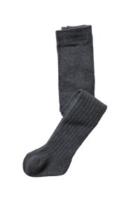 Grau gerippte knielange Socken aus weichem Material, mit einer glatten Textur und einem klassischen Design, das einen bequemen, dehnbaren Bund bietet.