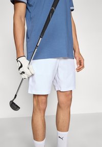 Ανδρικό μπλε κοντομάνικο πουκάμισο γκολφ με λευκά σορτς. Κρατάει ένα γκολφ κλαμπ με το ένα χέρι, φοράει λευκό γάντι γκολφ. Φαίνονται λευκές κάλτσες.