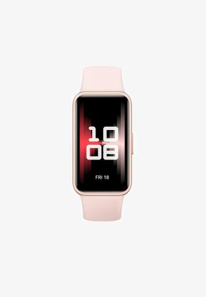 Smartwatch mit einem rechteckigen schwarzen Display, pinkem Silikonarmband, weißer digitaler Zeit- und Datumsanzeige, glatter Oberfläche und minimalistischem Design.
