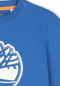 T-shirt in cotone blu con un grande logo grafico bianco. Collo a giro con accenti arancioni. Tessuto liscio e maniche corte.