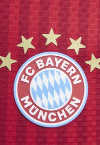 Λογότυπο ποδοσφαιρικής ομάδας FC Bayern München με πέντε κίτρινα αστέρια σε κόκκινο υφασμάτινο φόντο με υφή.