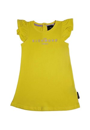 Vestito giallo per bambini con maniche corte arricciate e la scritta "John Richmond London" in viola chiaro sul petto.