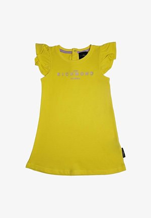Vestito giallo per bambini con maniche corte arricciate e la scritta "John Richmond London" in viola chiaro sul petto.