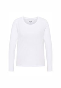 Langärmliges, weißes T-Shirt aus weicher Baumwolle, mit rundem Ausschnitt, minimalistischem Design und subtiler Logo-Platzierung in der Nähe des Ausschnitts.