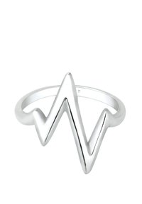 Silberring mit einem Zickzack-Herzschlag-Design, das eine polierte Oberfläche aufweist und ein dünnes Band hat, das hinten verjüngt ist für einen sicheren Sitz.