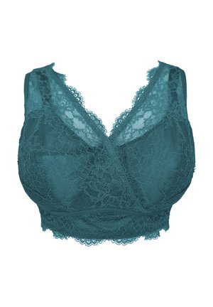 Teal lace bralette with a v-neckline, scalloped edges, and a wrap design. Features intricate floral patterns and a soft texture.