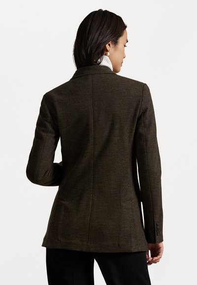 Brown wool blazer with a fitted shape, notched collar, single vent at the back, and buttoned cuffs. Smooth texture and tailored design.