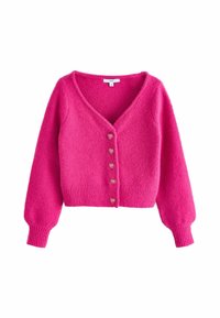 Fuchsia cardigan med V-hals, lange puffærmer og seks hjerteformede knapper foran. Lavet af et blødt, tekstureret materiale.
