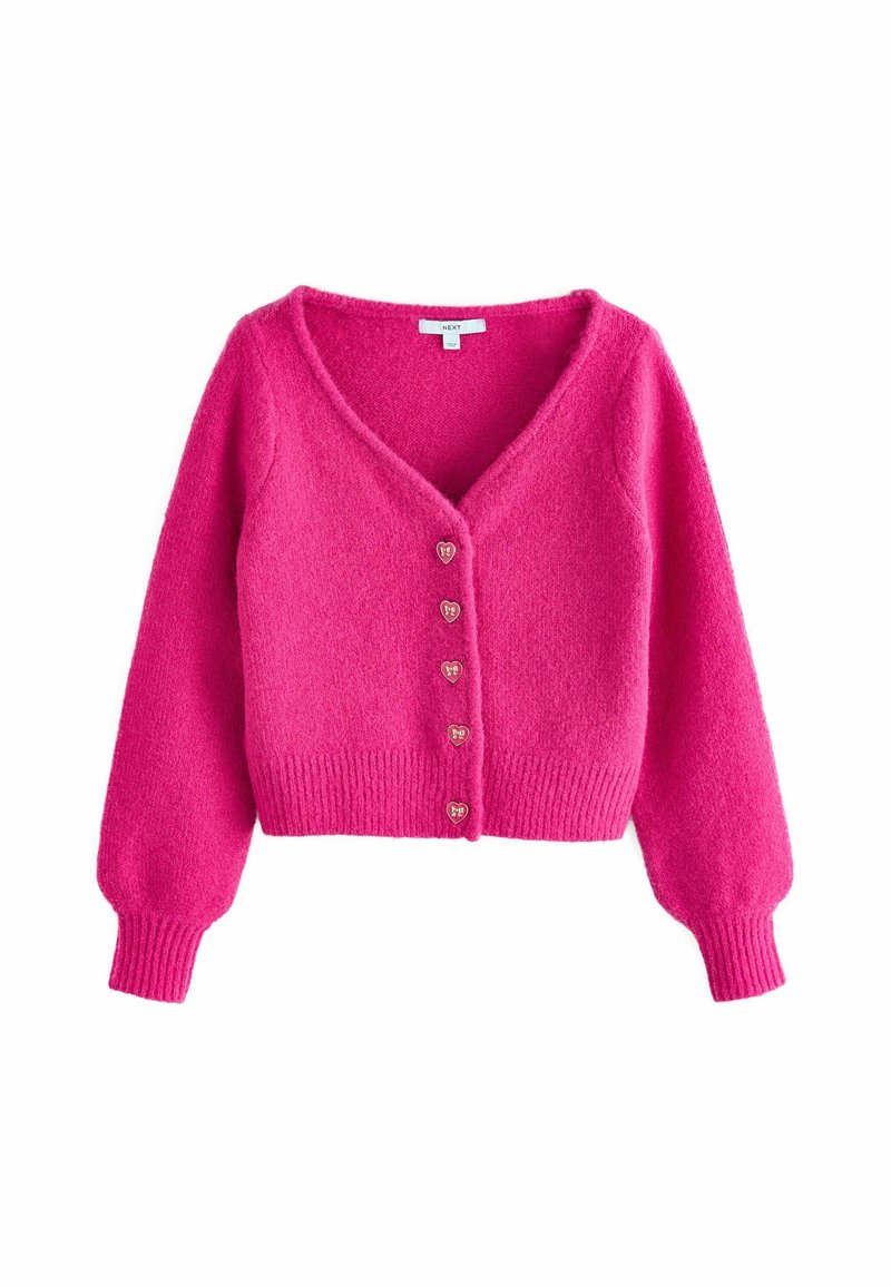 Fuchsia cardigan med V-hals, lange puffærmer og seks hjerteformede knapper foran. Lavet af et blødt, tekstureret materiale.