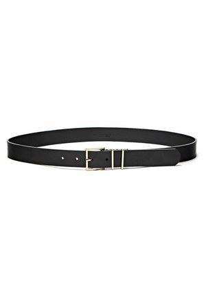 Black leather belt with a gold rectangular buckle and two belt loops, laid flat against a white background.