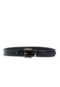 Black patent leather belt with a crocodile texture, featuring a gold buckle and adjustable holes for size fitting.