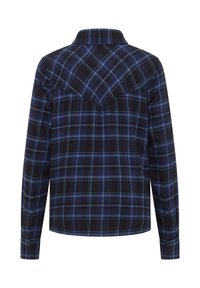 Black and blue plaid flannel shirt with long sleeves, a classic collar, and a yoke detail on the back. Features buttoned cuffs.