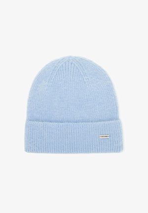 Cappellino lavorato a maglia di colore azzurro chiaro realizzato in materiale morbido e testurizzato. Presenta un risvolto a coste e una piccola etichetta del marchio sul lato.