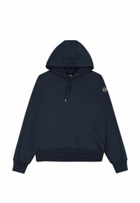 Hanorac cu glugă de culoare bleumarin, realizat dintr-un material moale, având șnur de strângere, manșete ribbate și un patch cu logo pe mâneca stângă. Design simplu.