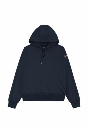 Marineblauwe hooded sweatshirt van zachte stof, met een trekkoord, ribgebreide manchet en een logo-patch op de linker mouw. Eenvoudig ontwerp.