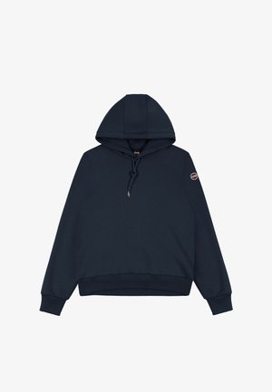 Námořní modrá mikina s kapucí vyrobená z měkké tkaniny, s šňůrkou na stažení, elastickými manžetami a logem na levém rukávu. Jednoduchý design.
