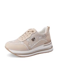 Sneaker beige con tessuto testurizzato e dettagli in pelle liscia, caratterizzata da una suola intermedia bianca e dettagli di branding sottili in un design minimalista.
