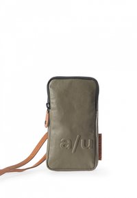 Olive green zippered pouch with embossed letters, leather strap, and brown accent. Durable material with a smooth texture. Compact design.