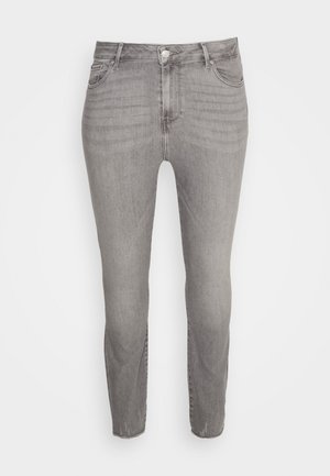 Grijze slim-fit spijkerbroek met knopen en rits aan de voorkant, voorzien van voor- en achterzakken en subtiele vervaagde details.