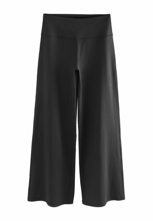 Black wide-leg athletic pants with a high waistband, made of smooth, stretchy fabric. No patterns or visible hardware.