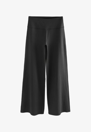 Black wide-leg athletic pants with a high waistband, made of smooth, stretchy fabric. No patterns or visible hardware.