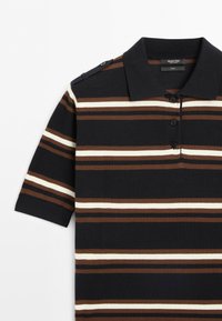 Short-sleeve black polo shirt with brown and white horizontal stripes and a buttoned shoulder tab on the left side.