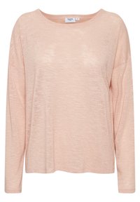 Jasnoróżowa bluzka z długim rękawem, wykonana z miękkiej, teksturowanej tkaniny, o luźnym kroju i szerokim dekolcie. Brak widocznych wzorów lub akcentów.