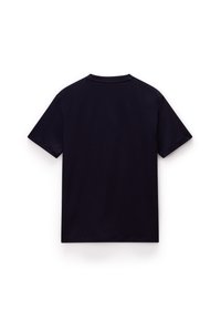 Tricou negru din bumbac, cu mâneci scurte, guler rotund și o textură netedă, expus din spate. Fără modele sau accesorii vizibile.