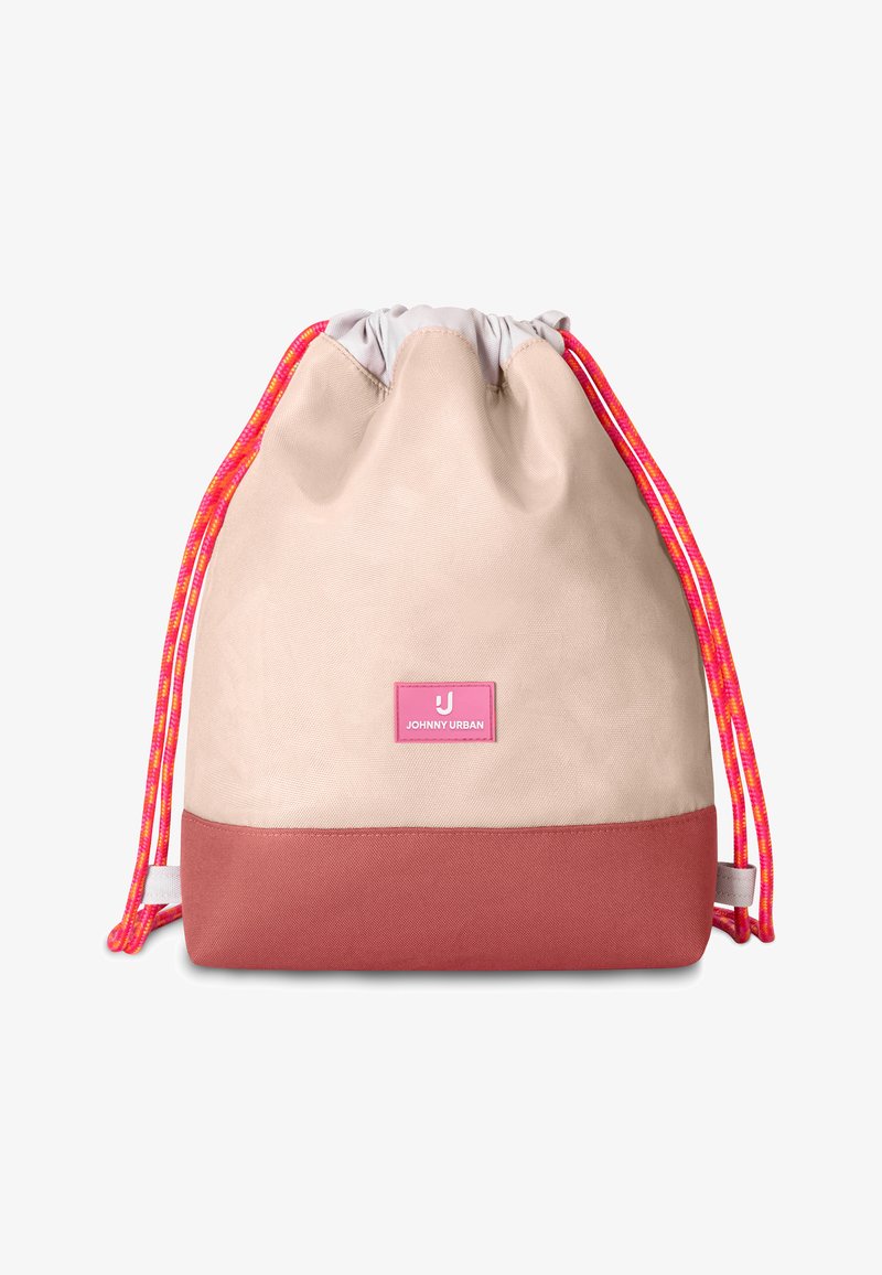 Beige og mørkerosa snørepose med neonpink og orange snore og Johnny Urban-logo foran i midten.