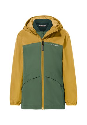Two-tone jacket with a green lower section and yellow upper section. Features a hood, front zipper, and two large pockets.