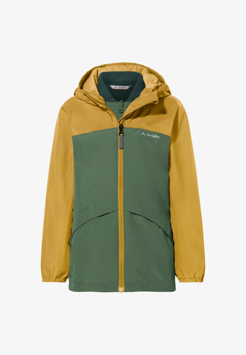 Giacca bicolore con una sezione inferiore verde e una superiore gialla. Presenta un cappuccio, una cerniera frontale e due grandi tasche.