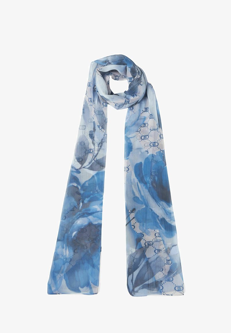 Sciarpa a fantasia floreale blu realizzata in un tessuto leggero. Presenta varie tonalità di blu, con una texture morbida e un design lungo e fluente.
