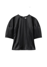 Black short-sleeve top with wide sleeves, round neckline, subtle seam details, and a back zipper closure.