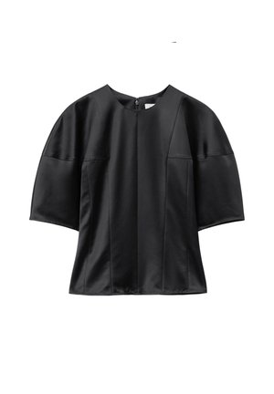 Black short-sleeve top with wide sleeves, round neckline, subtle seam details, and a back zipper closure.