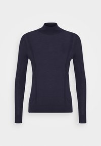 Granatowy sweter z golfem wykonany z fakturowanej dzianiny, z długimi rękawami i pionowymi detalami szwów. Prosty i dopasowany krój.