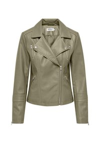 Giacca in ecopelle verde oliva con colletto con revers, chiusura con zip asimmetrica, tasche laterali con zip e dettagli a coste sulle maniche.