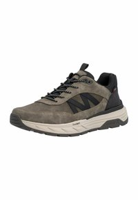 Baskets décontractées grises et noires avec lacets à l'avant, semelle en mousse amortissante et languette au talon, conçues pour le confort et un usage quotidien.