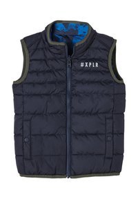 Marineblau gestepptes ärmelloses Weste mit Frontreißverschluss, grünem Besatz, zwei Druckknopf-Taschen und "#XPLR" auf der Brust bedruckt.