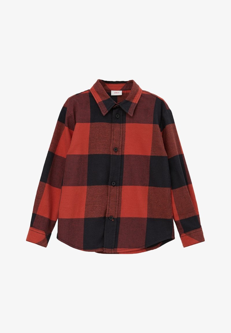 Chemise à manches longues boutonnée avec un grand motif à carreaux rouges et noirs et un col classique.