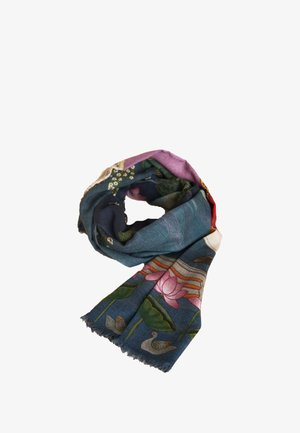 Bunt gemusterter Schal mit floralen und aquatischen Motiven auf dunklem Hintergrund, aus leichtem Stoff mit fransigen Kanten.